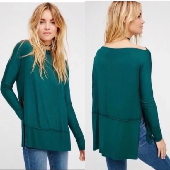Free People We The Free Luna Green Side Slit Long Sleeve Tee - Picture 1 of 5